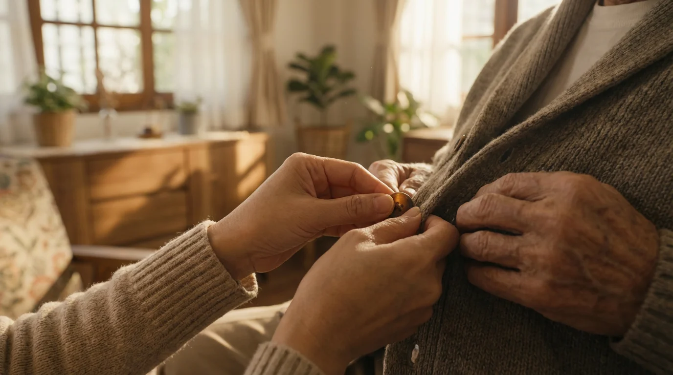 An adult daughter's hands helping her elderly father button his sweater in morning light.