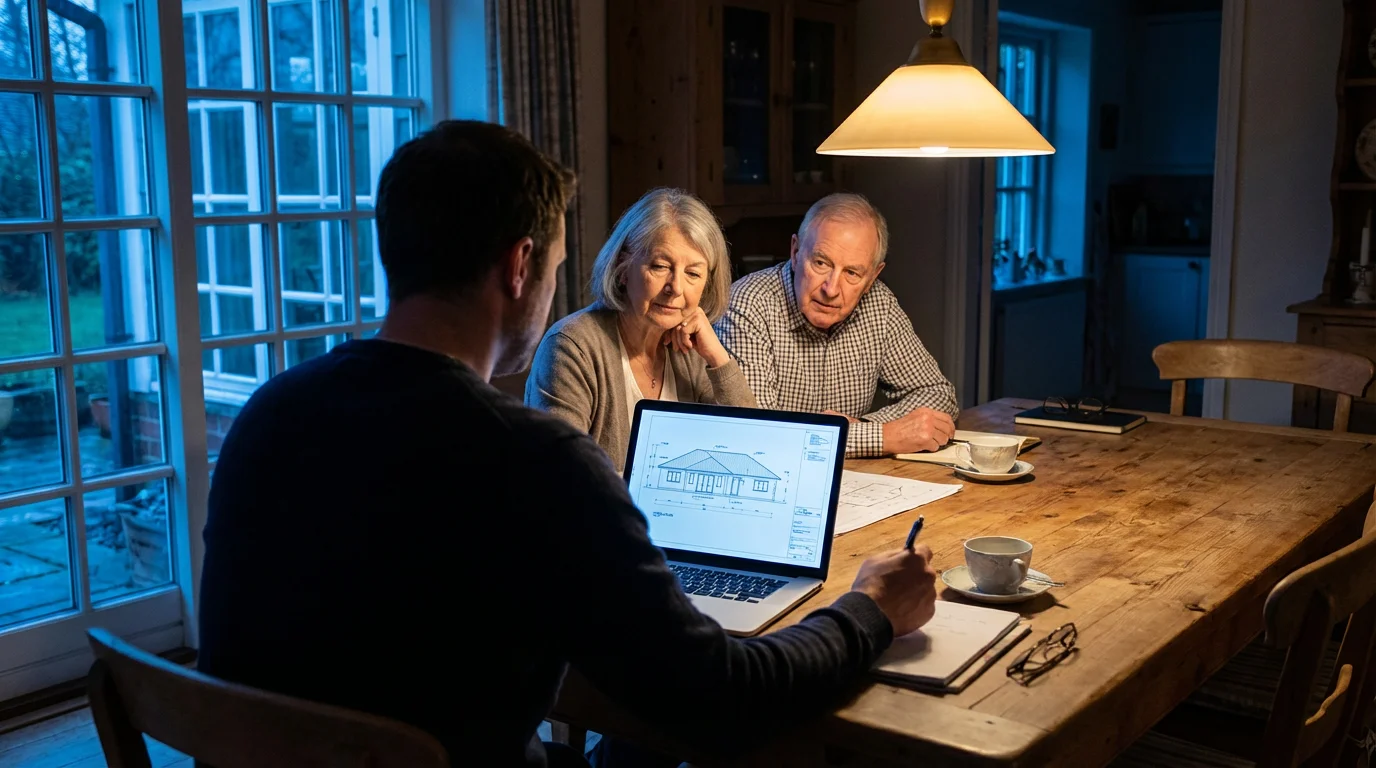 An adult son showing his elderly parents floor plans for a larger home.