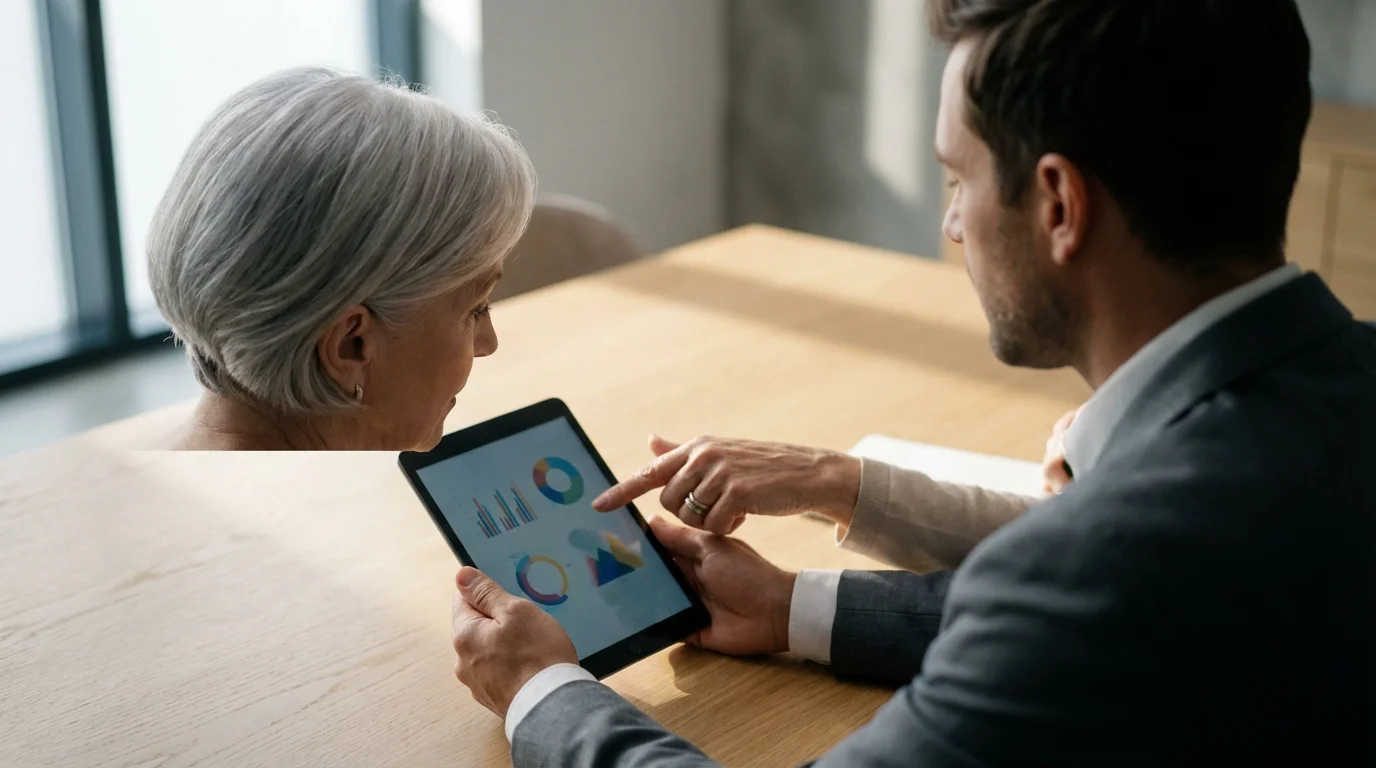 An advisor shows a senior woman different senior living cost options on a tablet.