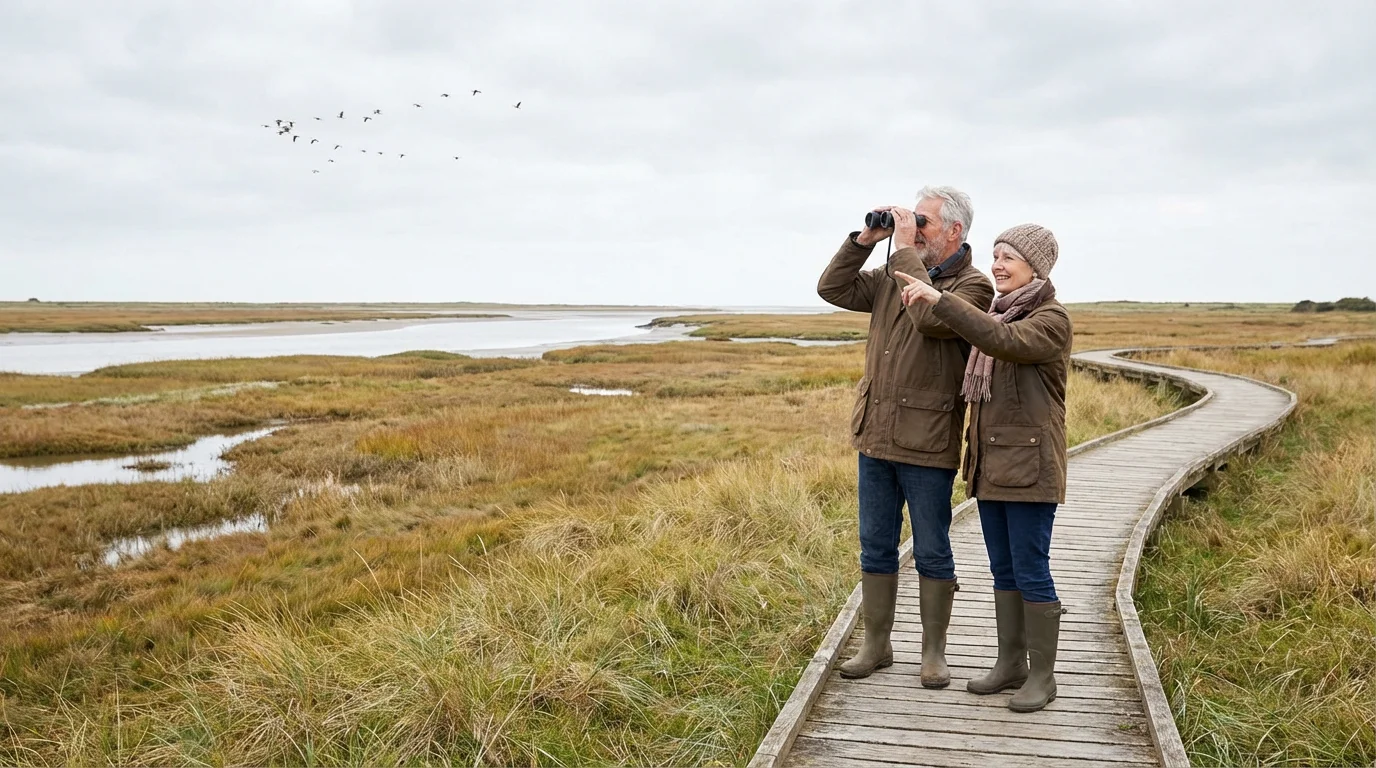 An elderly couple explores a coastal marsh, birdwatching from a wooden boardwalk.