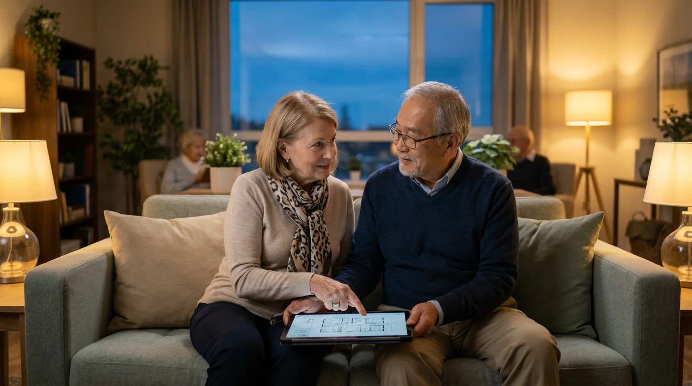 An elderly couple sits on a sofa at twilight, looking at a tablet together.