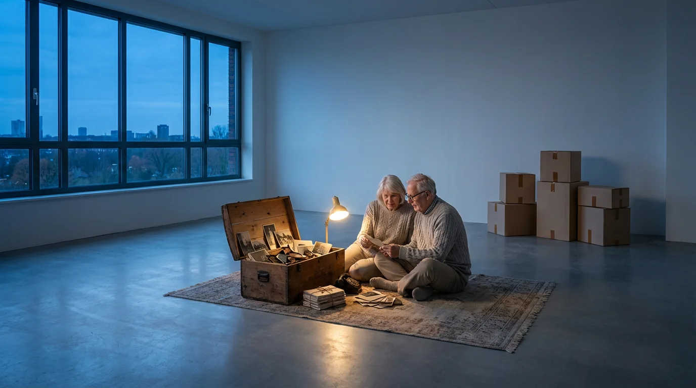 An elderly couple sits on the floor of an empty room, looking through memories.