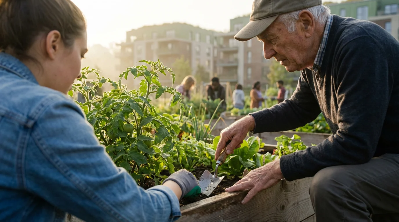 An elderly man and a young adult gardening together on a sunny city rooftop.