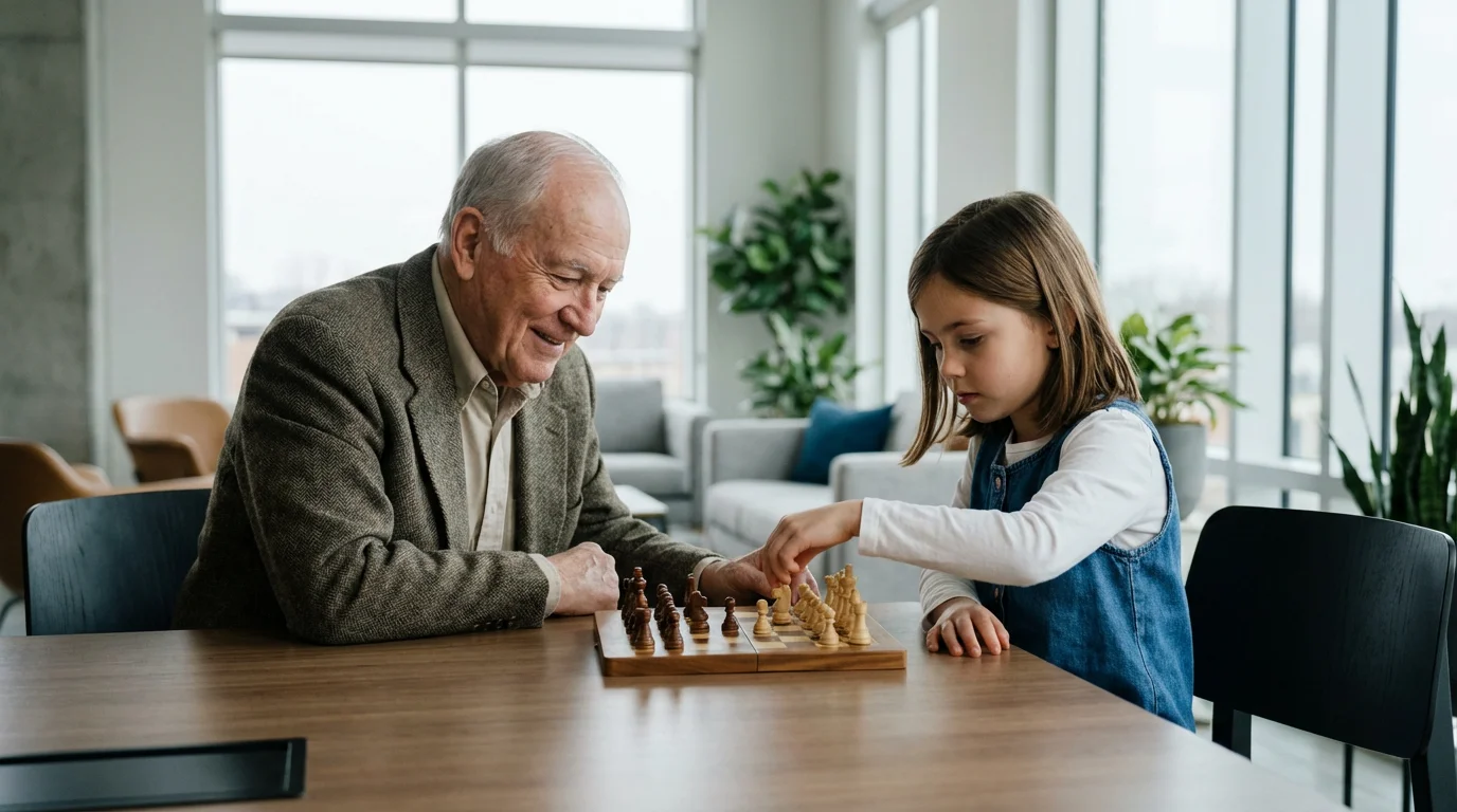 An elderly man and his young granddaughter playing a board game in a bright lounge.