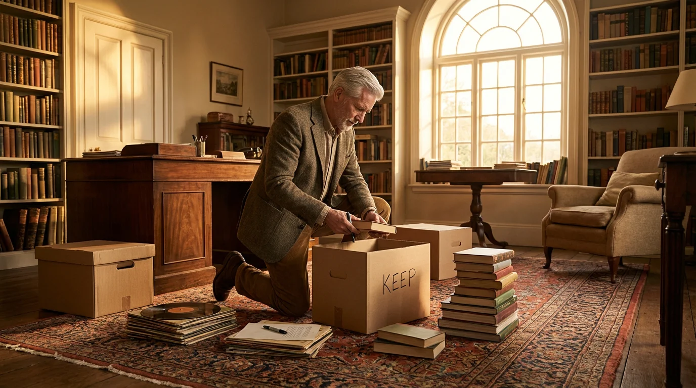 An elderly man decluttering a home office by sorting books into boxes at sunset.