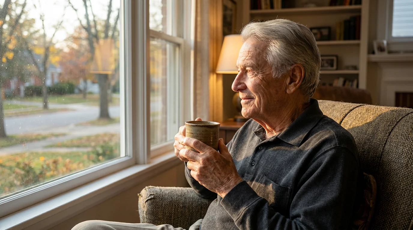 An elderly man holding a mug, thoughtfully looking out a window in the morning.