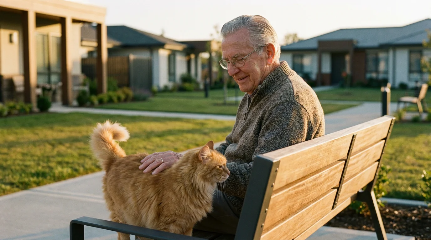 An elderly man petting his ginger cat on a park bench during a warm sunset.