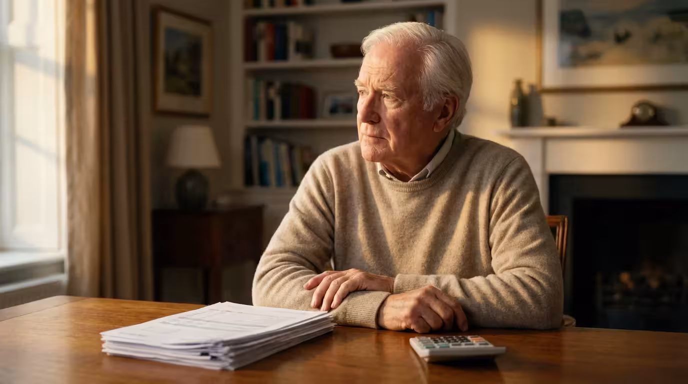 An elderly man sits thoughtfully at a desk with financial papers during golden hour.