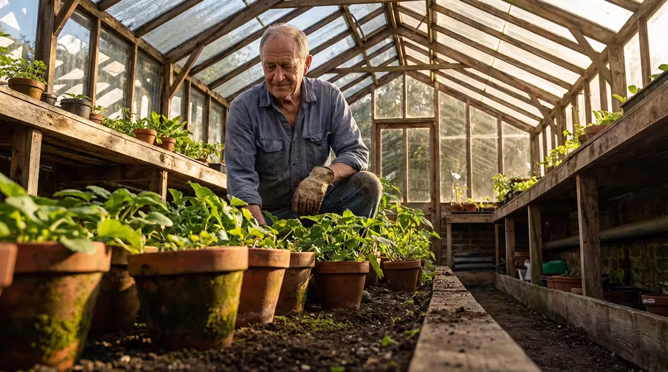 An elderly man thoughtfully gardening alone in a sunlit greenhouse during late afternoon.