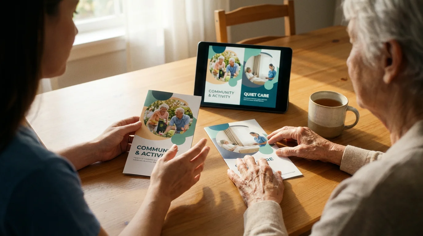 An elderly mother and adult daughter at a table reviewing senior living community brochures.