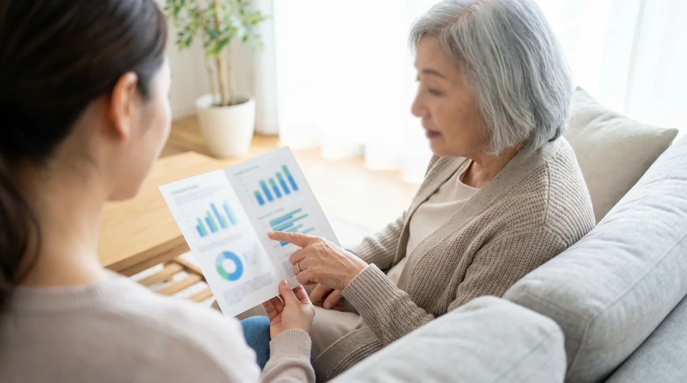 An elderly mother and her adult daughter review a brochure together while planning future care.