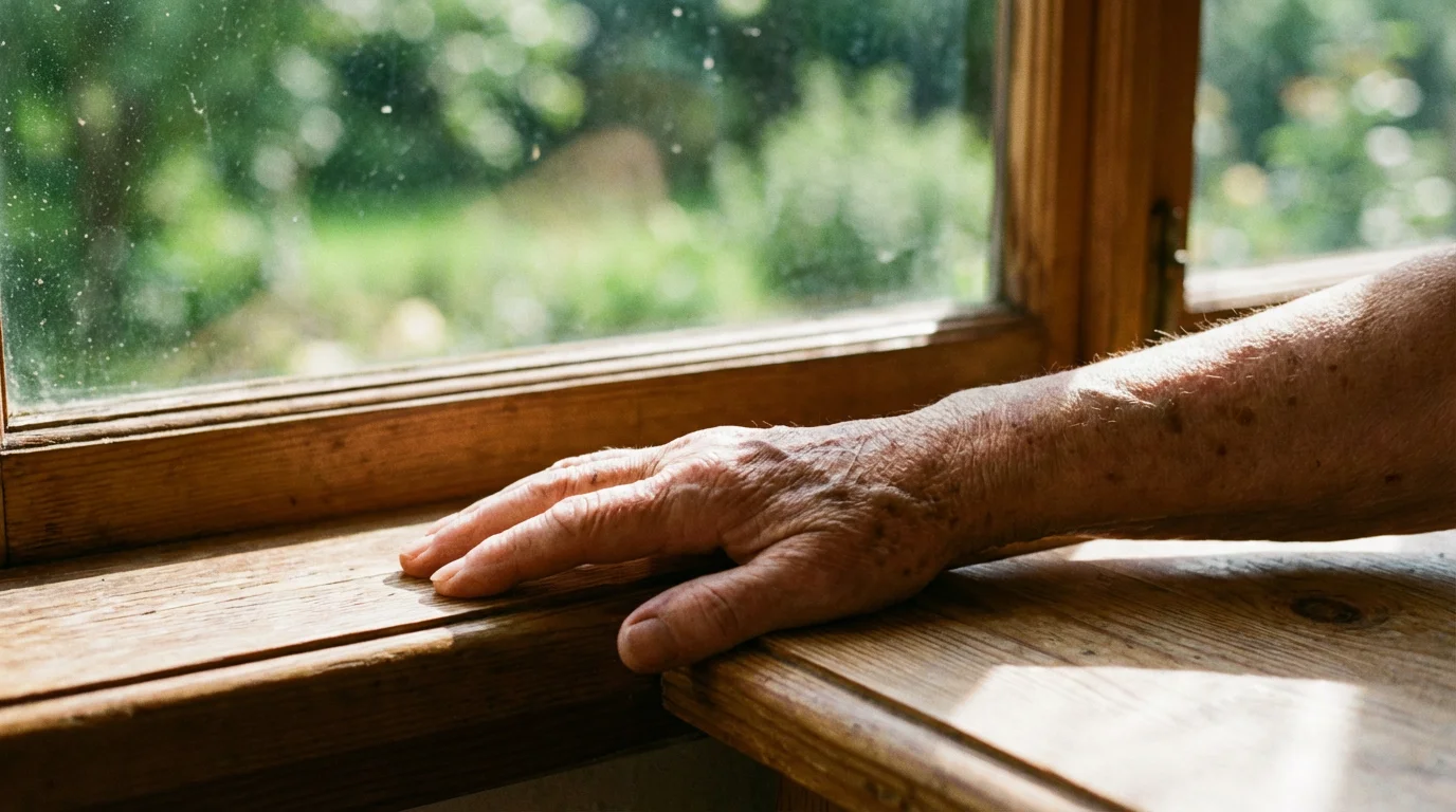 An elderly person's hand resting gently on a sun-drenched wooden windowsill at home.