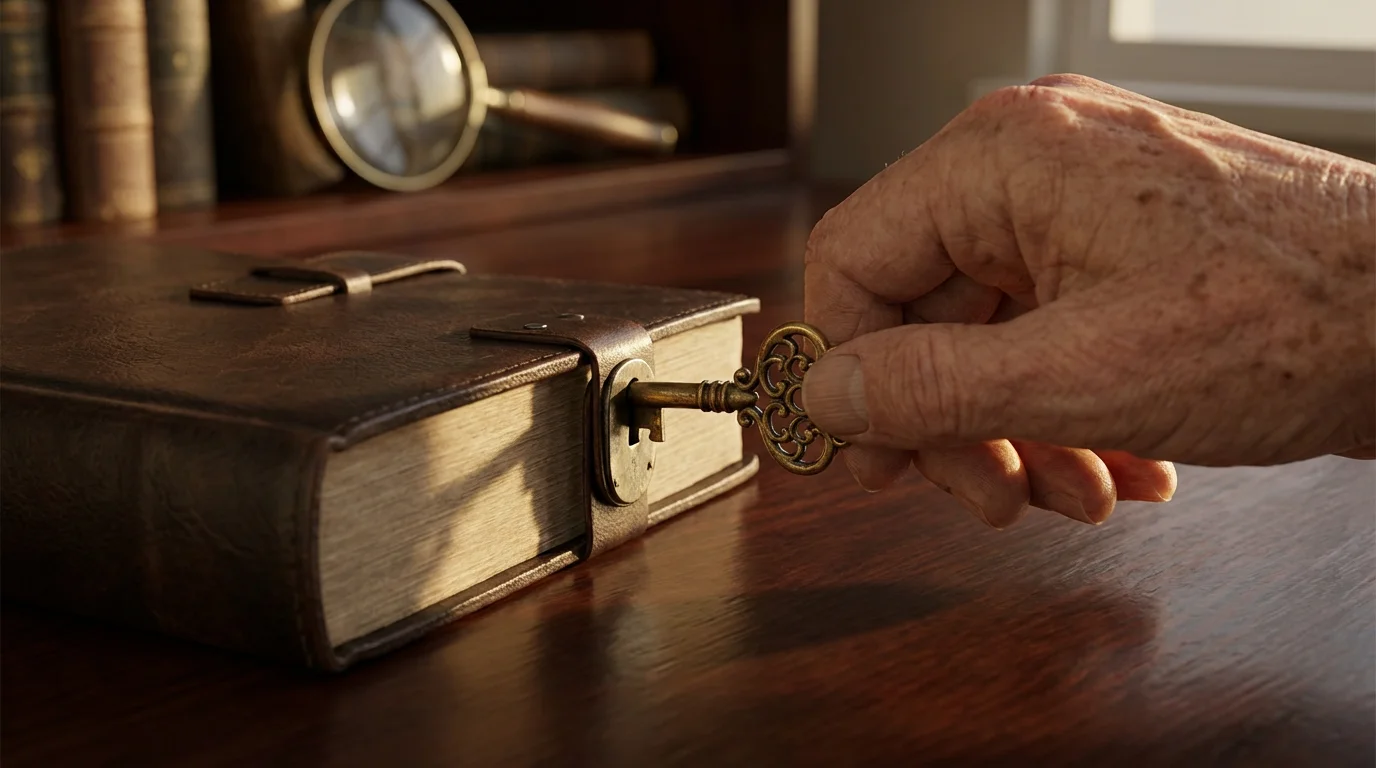 An elderly person's hand turning a brass key in the lock of a journal.