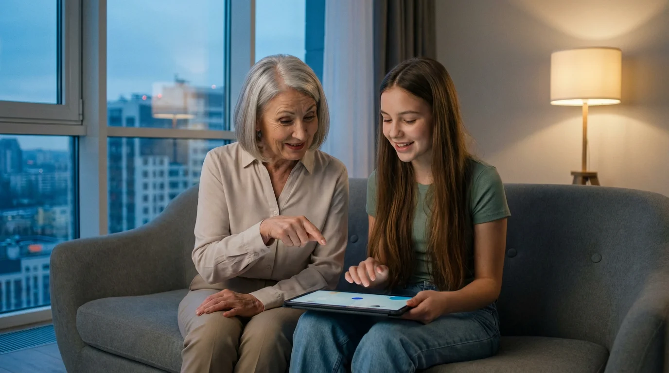 An elderly woman and a teenage girl sit on a sofa, learning to use a tablet together.