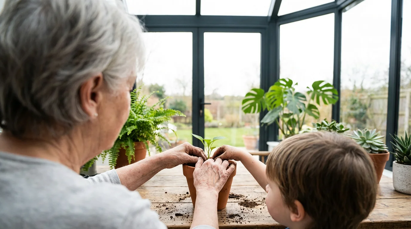 An elderly woman and a young child potting a small plant together indoors.