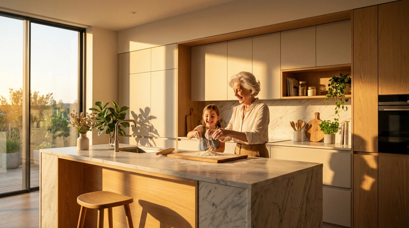 An elderly woman and a young girl happily baking together in a sunlit kitchen.