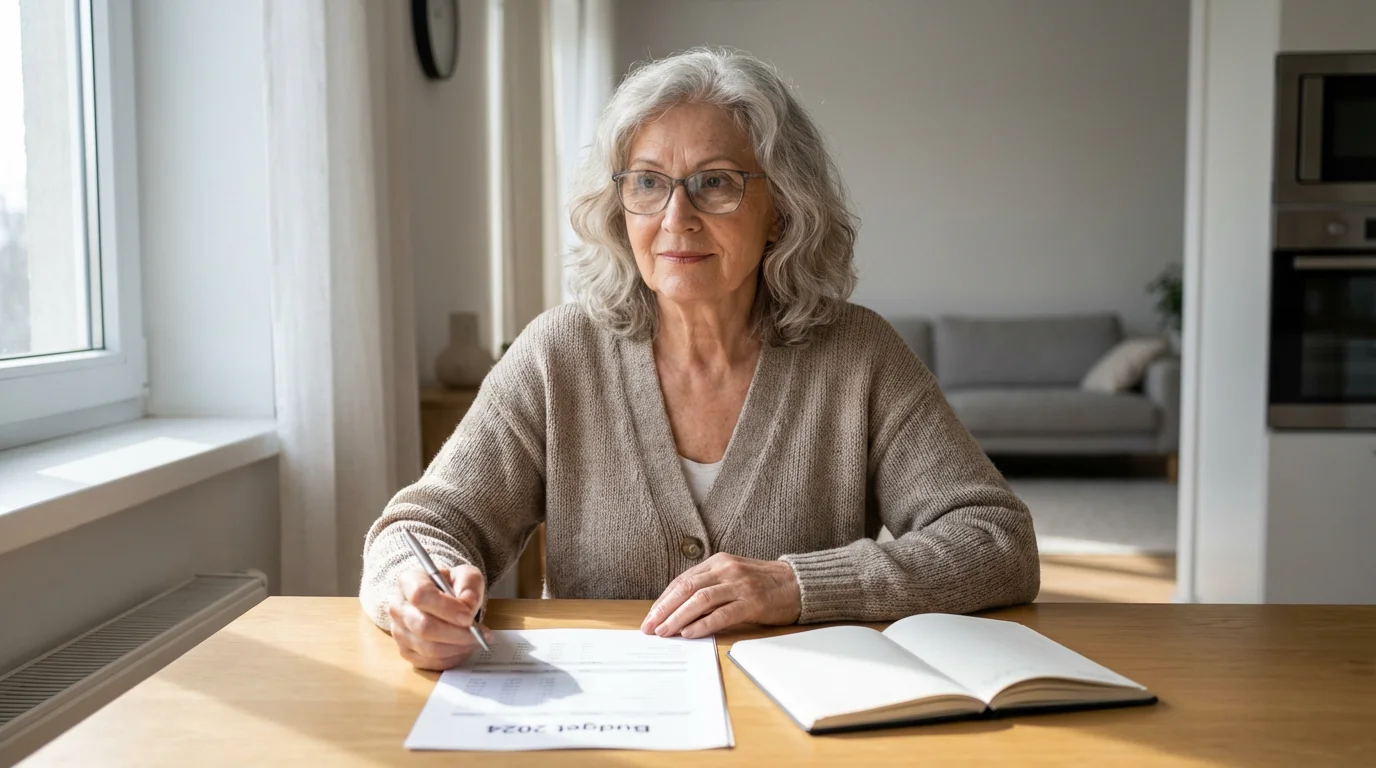 An elderly woman calmly reviews financial documents at her sunlit kitchen table in an apartment.