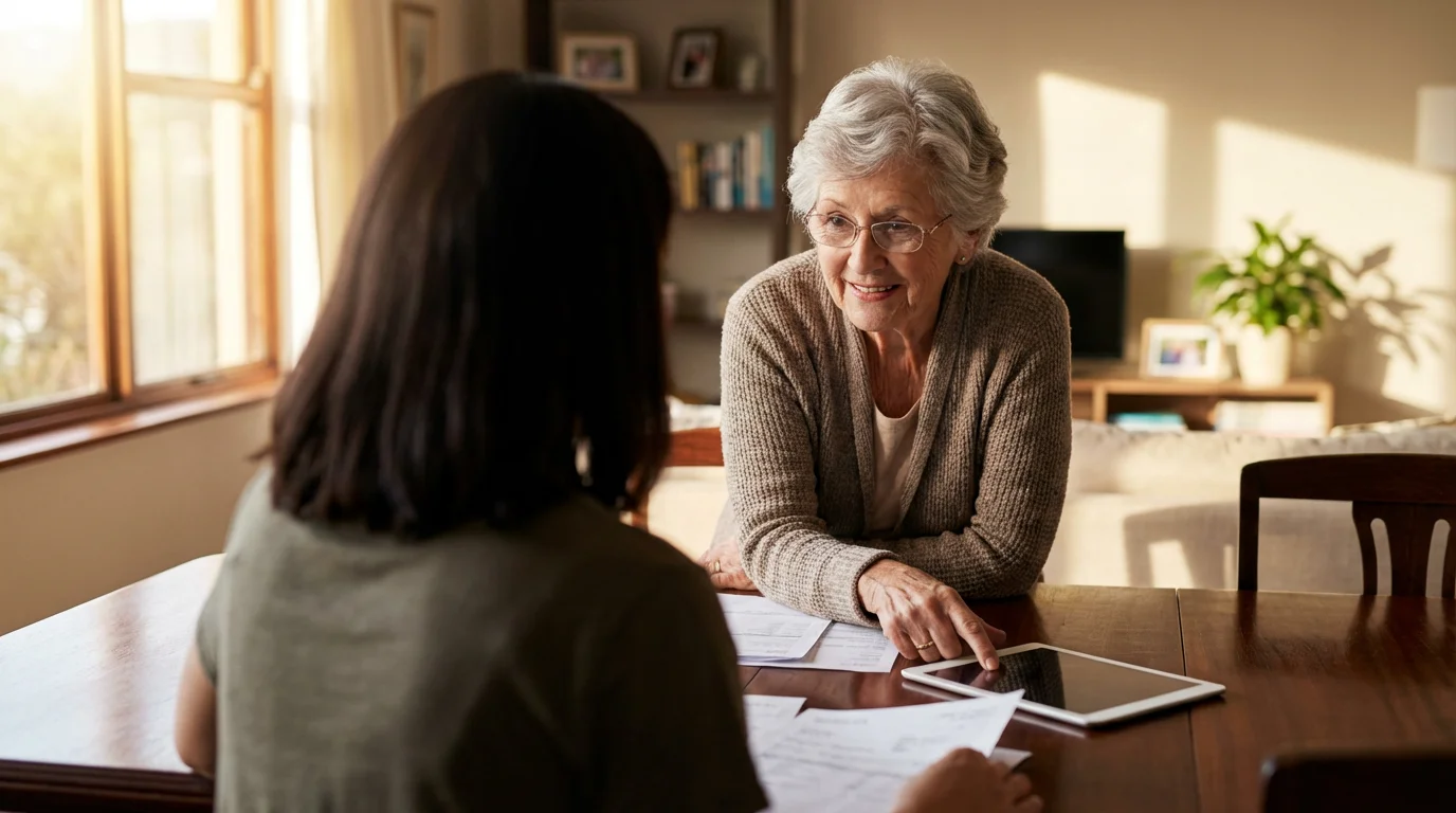 An elderly woman discusses documents with a trusted advisor at a table in the afternoon.