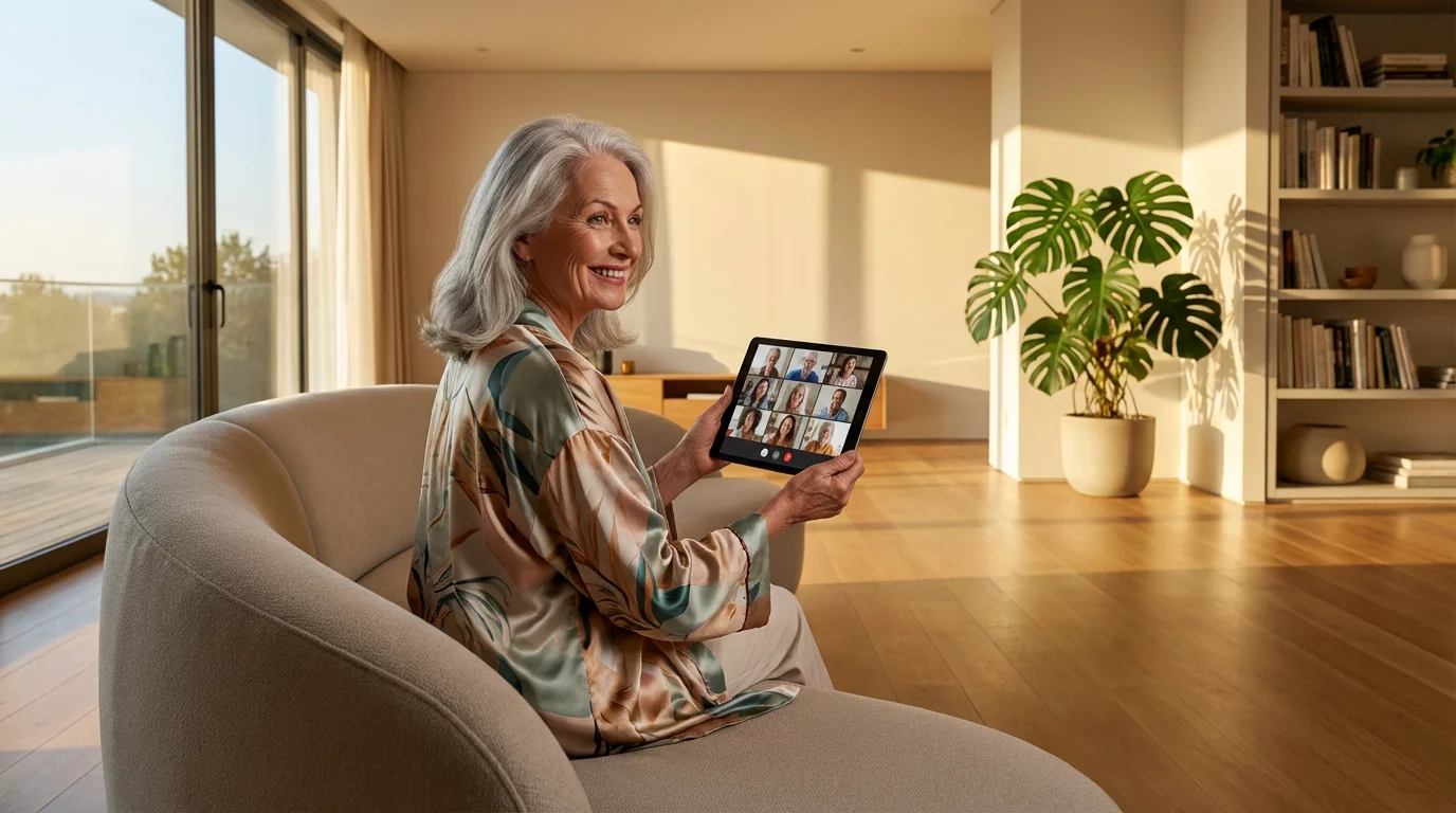 An elderly woman enjoys a video call on her tablet in a modern living room.