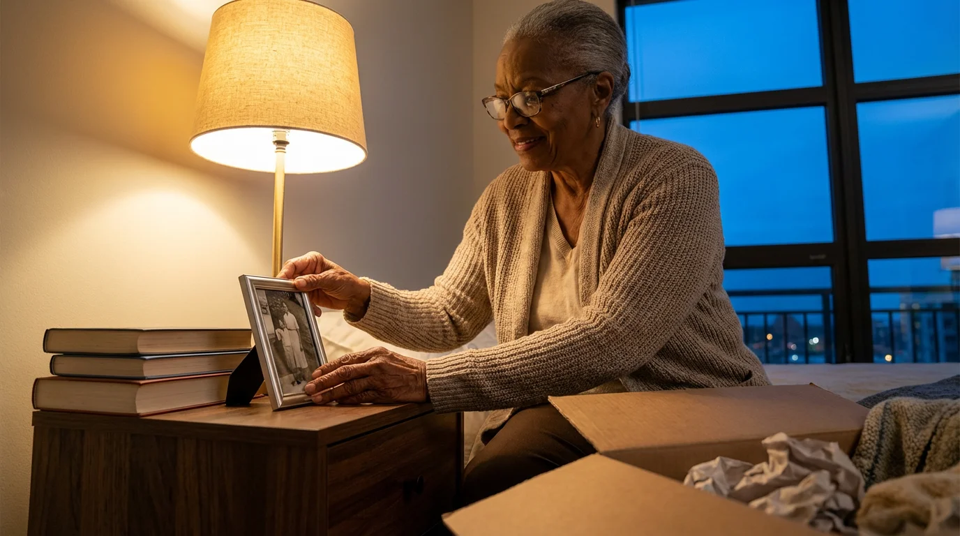 An elderly woman personalizing her new senior housing apartment room during the blue hour.