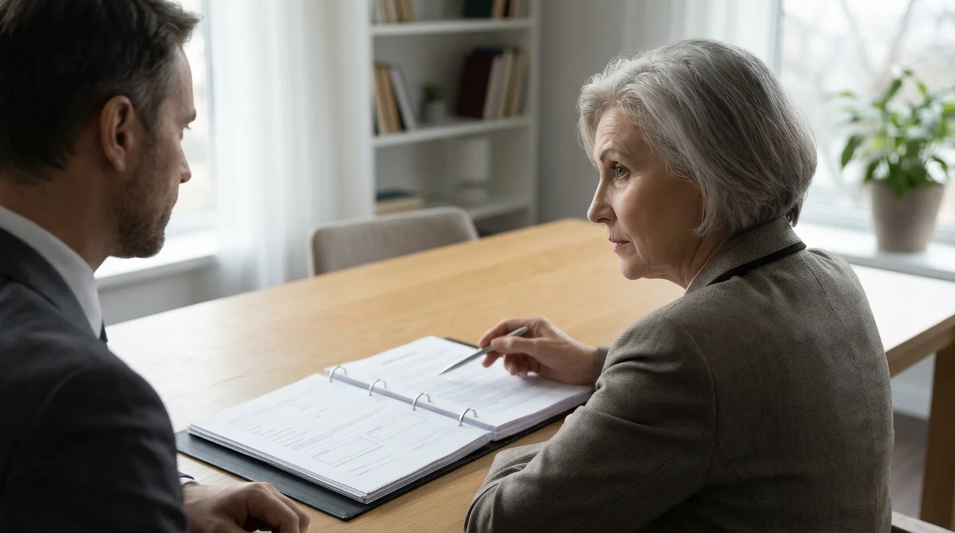 An elderly woman reviewing essential legal documents for senior housing with her lawyer.