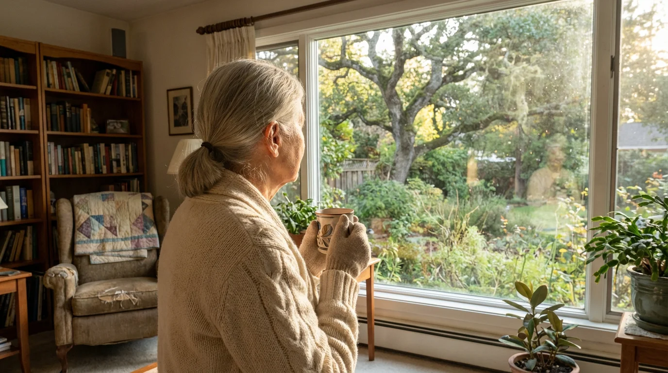 An elderly woman seen from behind, looking out her window at her garden.