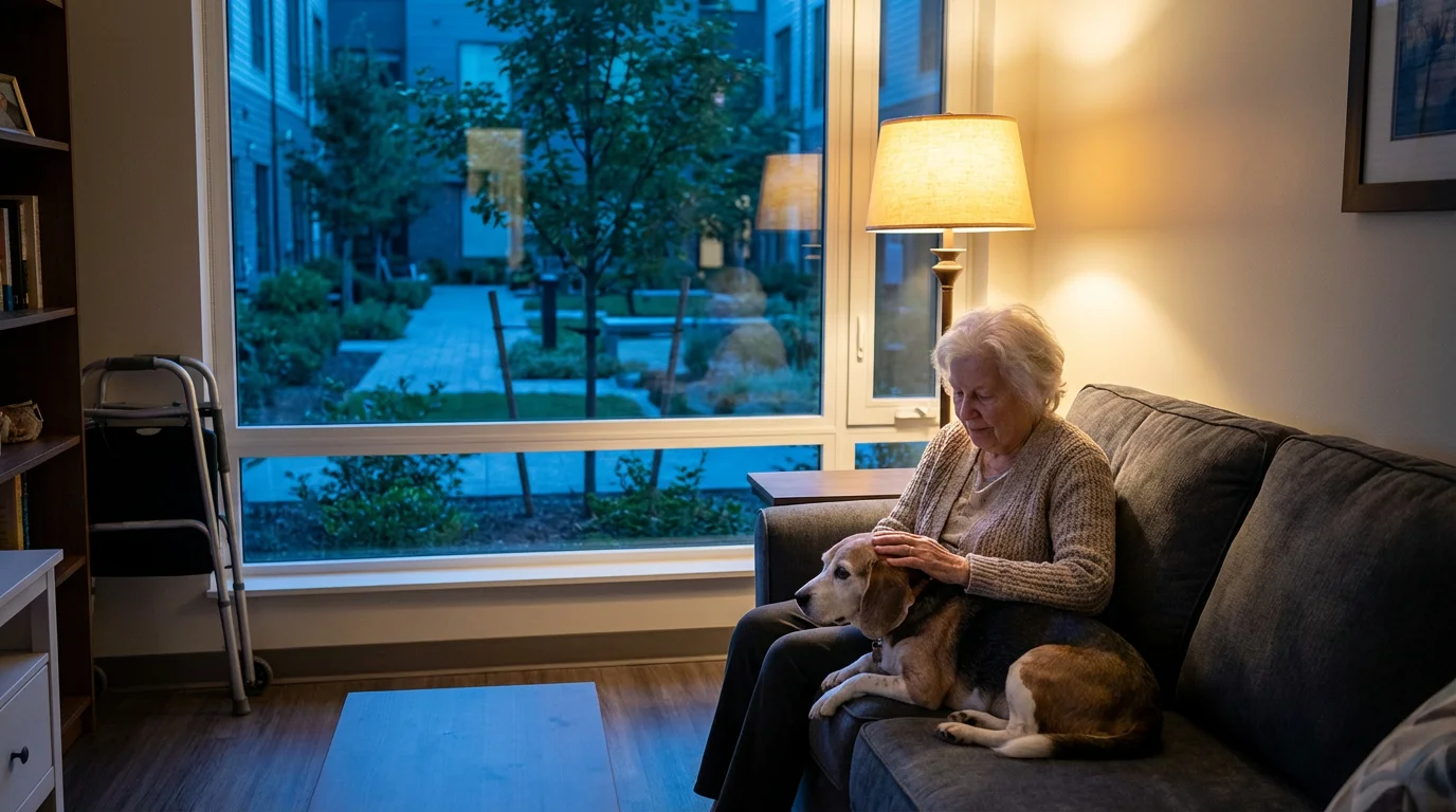 An elderly woman sits with her senior beagle dog during blue hour.