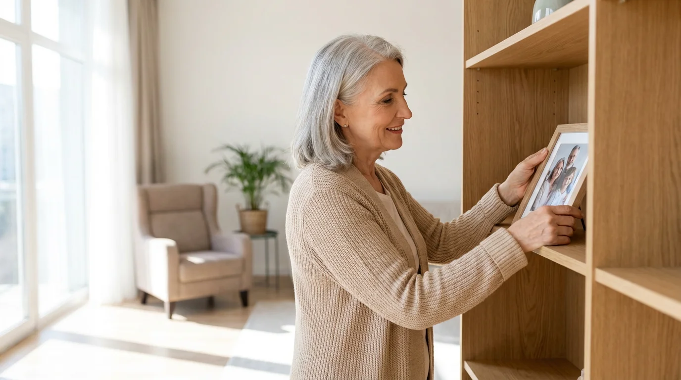 An elderly woman smiling while arranging personal items on a bookshelf in her apartment.