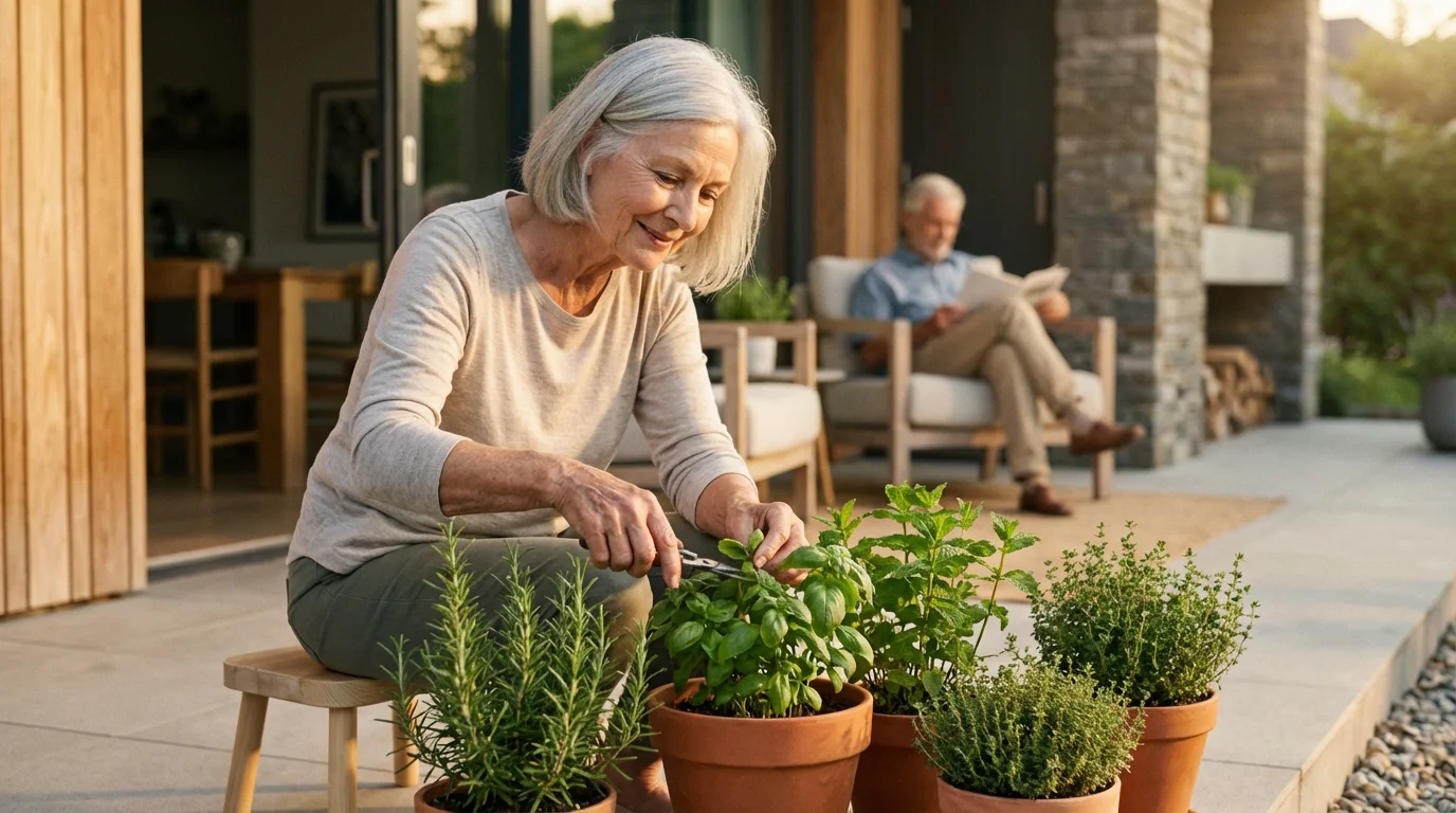 An elderly woman smiling while tending to her small patio container garden at sunset.