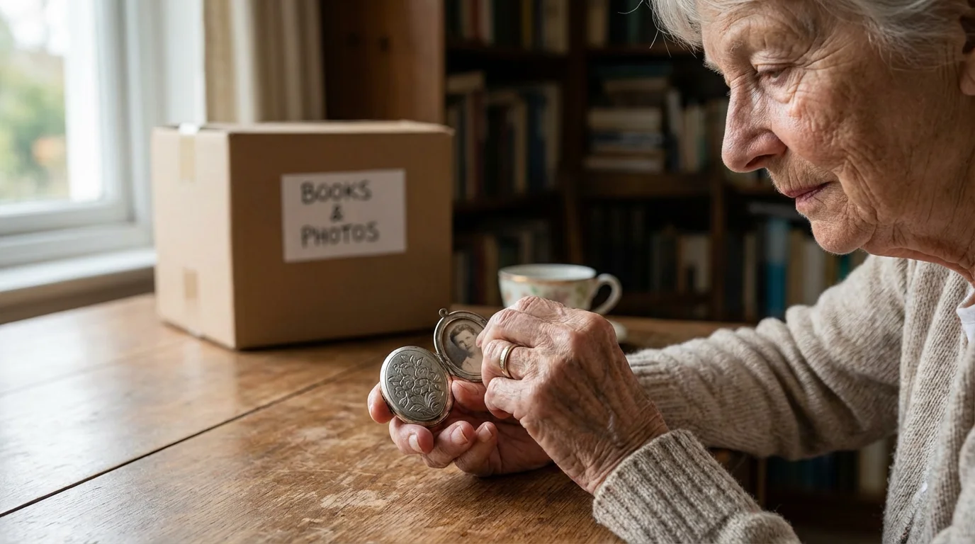 An elderly woman's hands holding a vintage silver locket by a sunlit window.