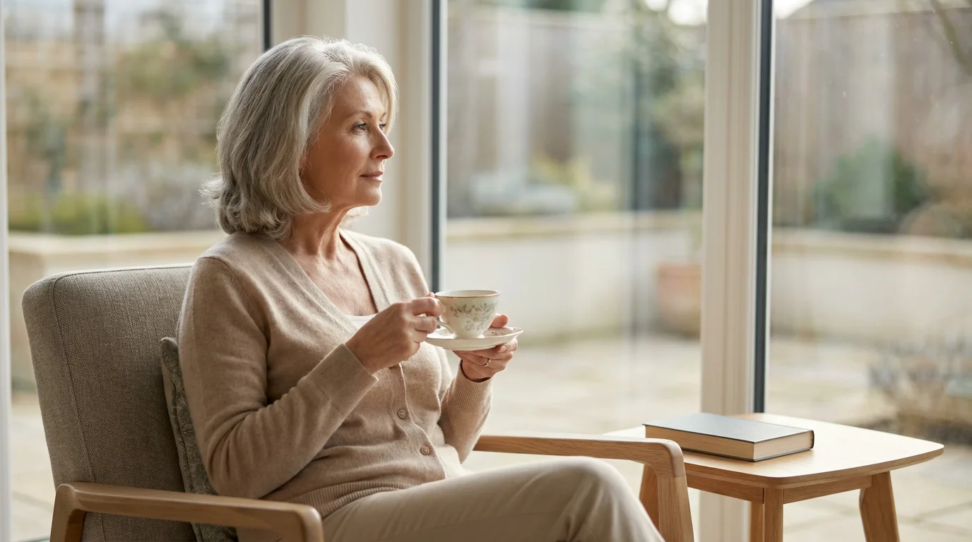 An elegant woman in her 60s enjoying a quiet moment with tea by a window.