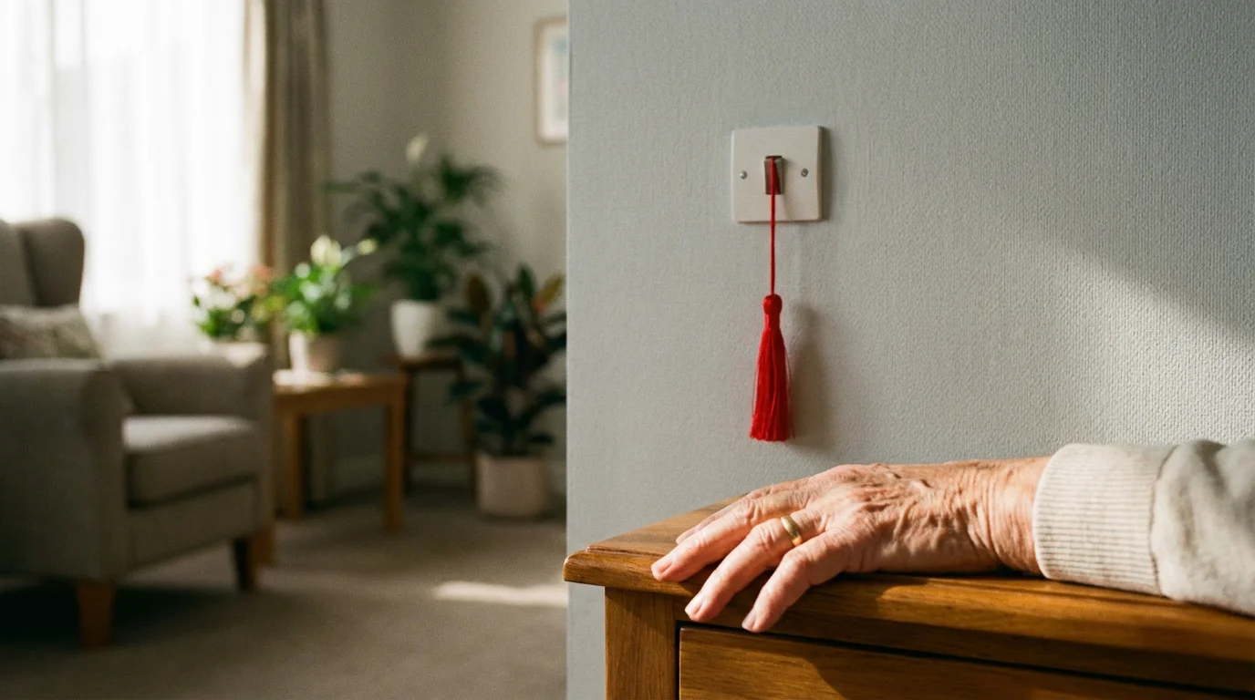 An emergency pull-cord system on a wall next to a senior's hand.