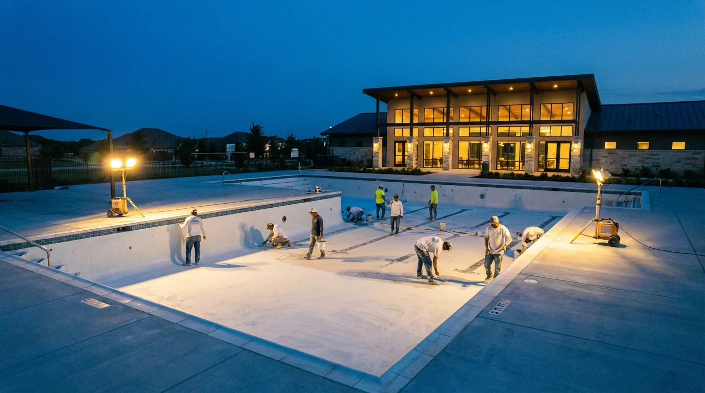 An empty community swimming pool being professionally resurfaced by workers at dusk.