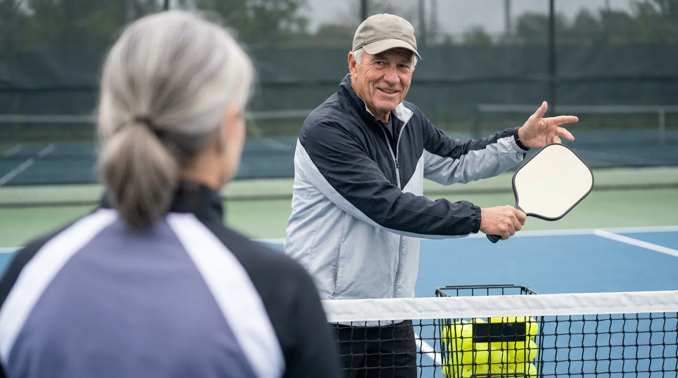 An experienced senior coach teaches a woman advanced pickleball techniques on an outdoor court.