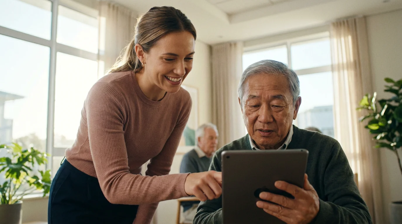 An instructor patiently helps an elderly man learn to use a tablet computer.