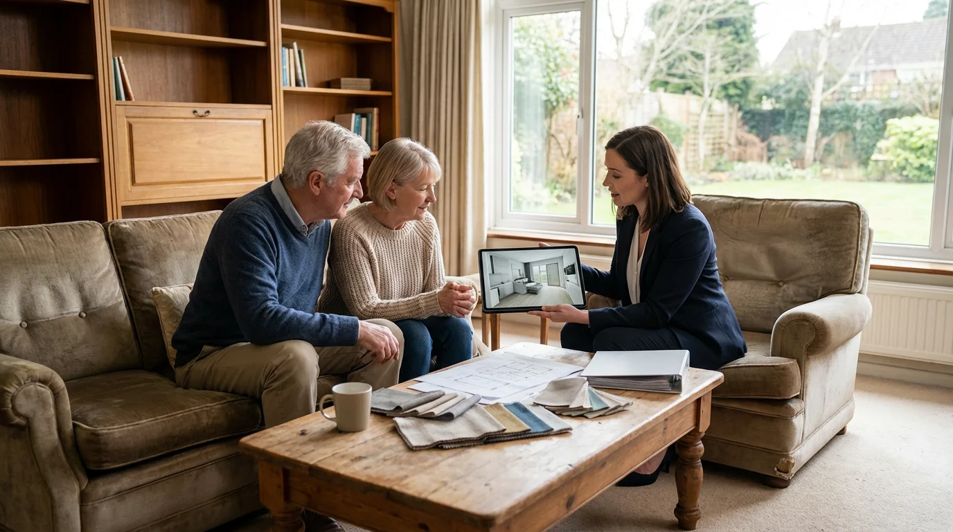 An interior designer shows an older couple a 3D home rendering on a tablet.