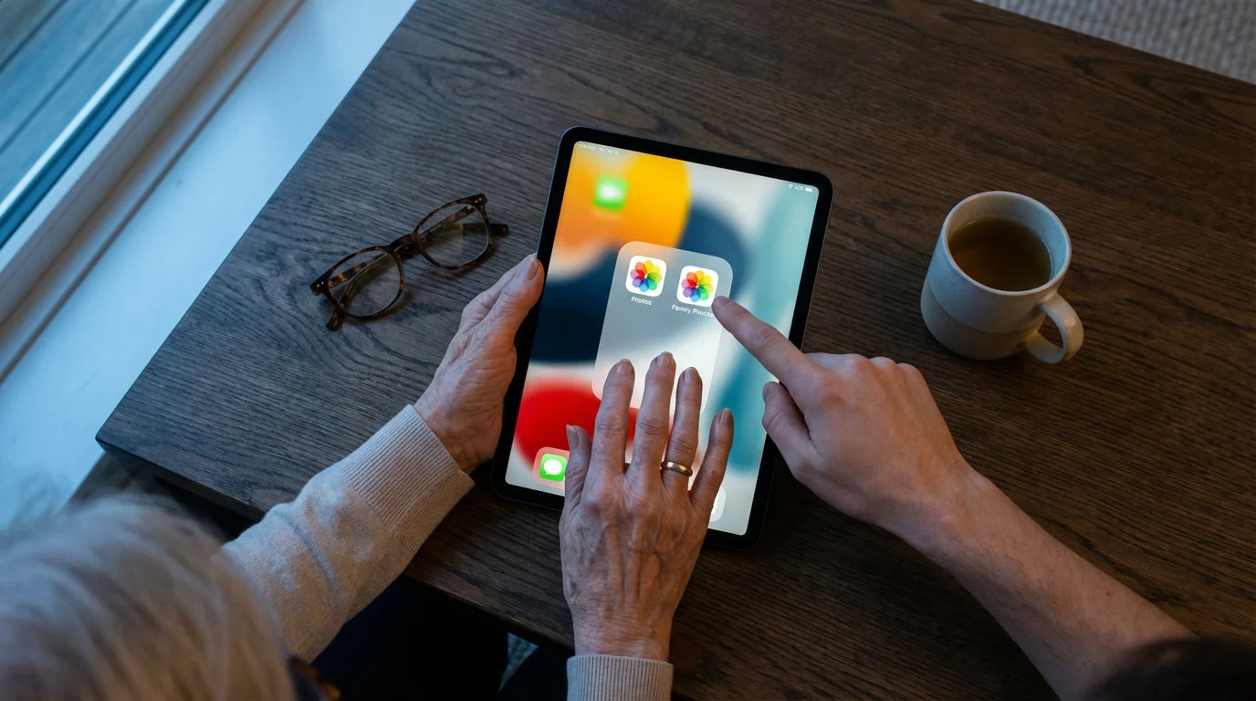An older and a younger person's hands using a tablet together at dusk.