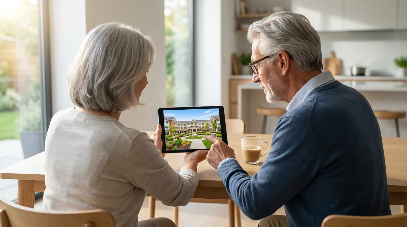 An older couple at home researching retirement communities on a digital tablet.