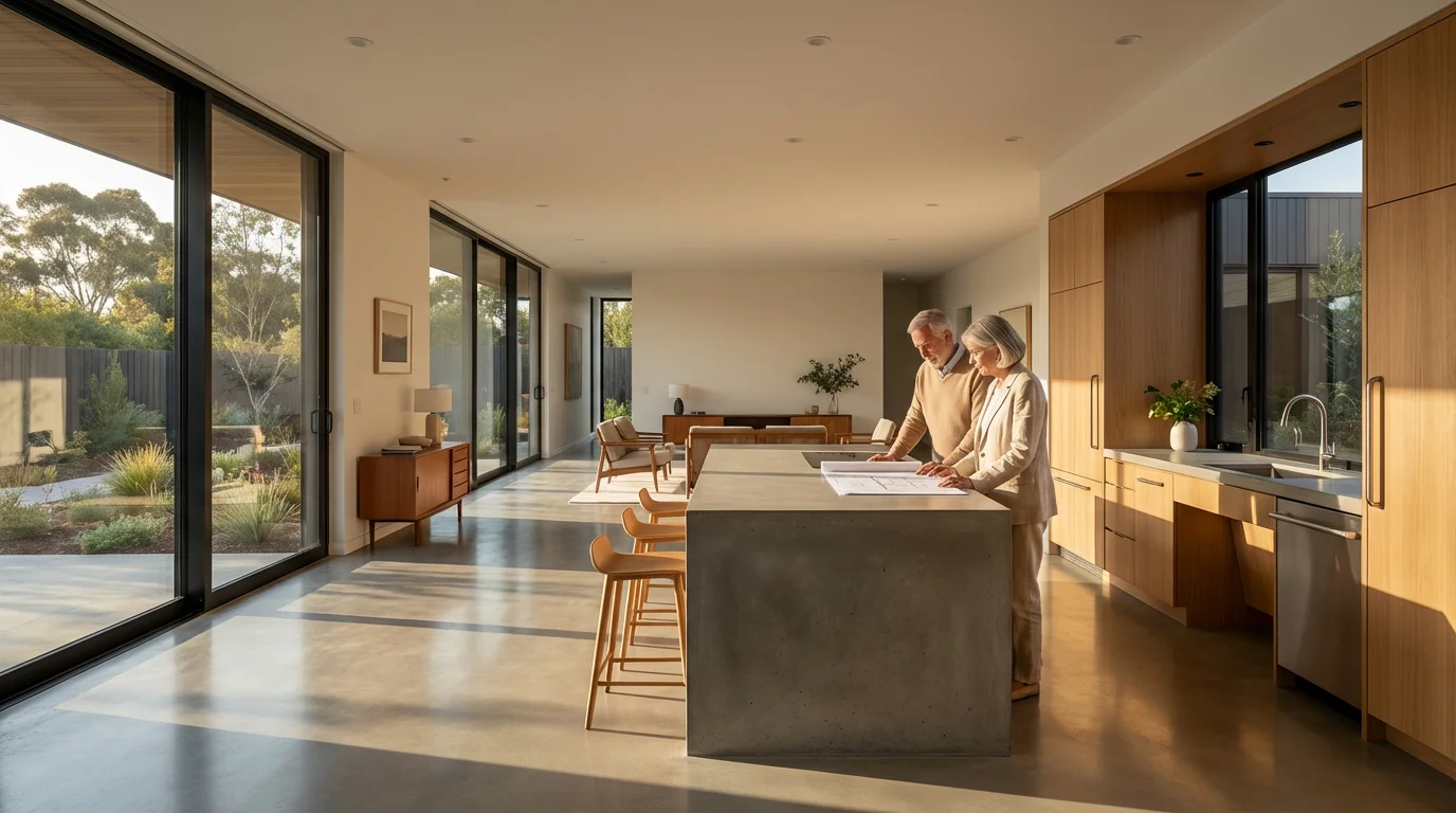 An older couple reviews architectural plans in their modern, accessible, downsized home at sunset.