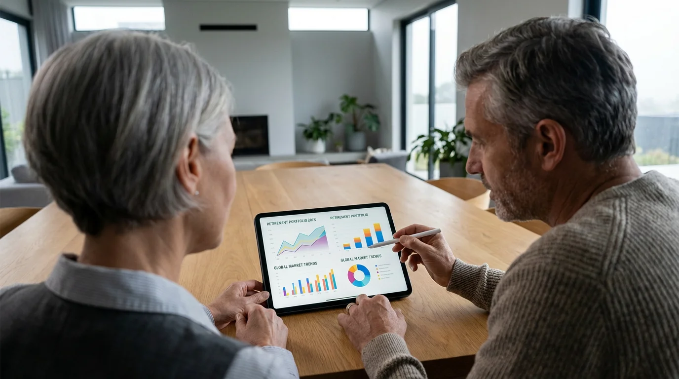 An older couple reviews financial charts and graphs on a tablet in their home.