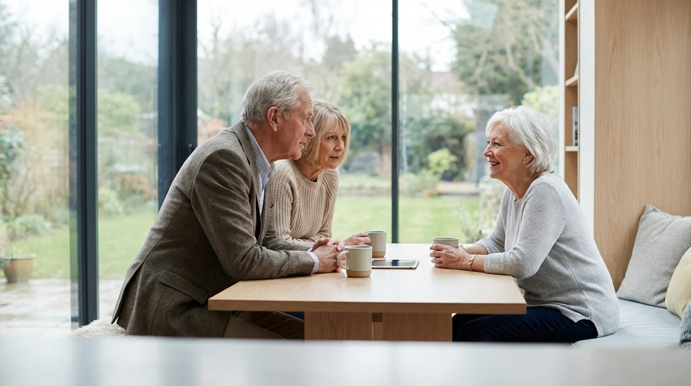 An older couple talking with a resident in a modern senior community cafe.