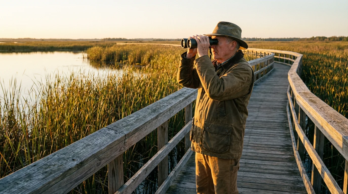 An older man birdwatching with binoculars from a boardwalk in a marshy wetland.