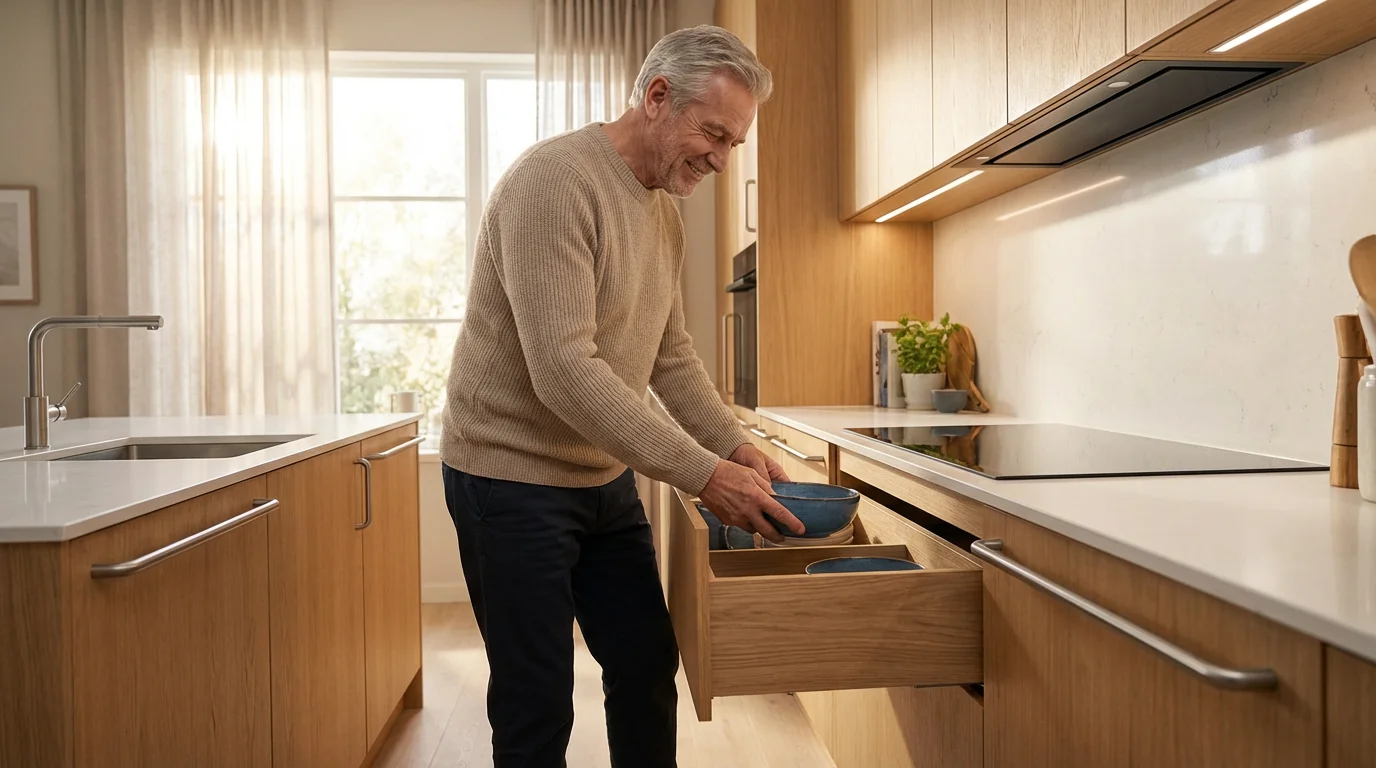An older man uses a low pull-out drawer in a bright, modern accessible kitchen.