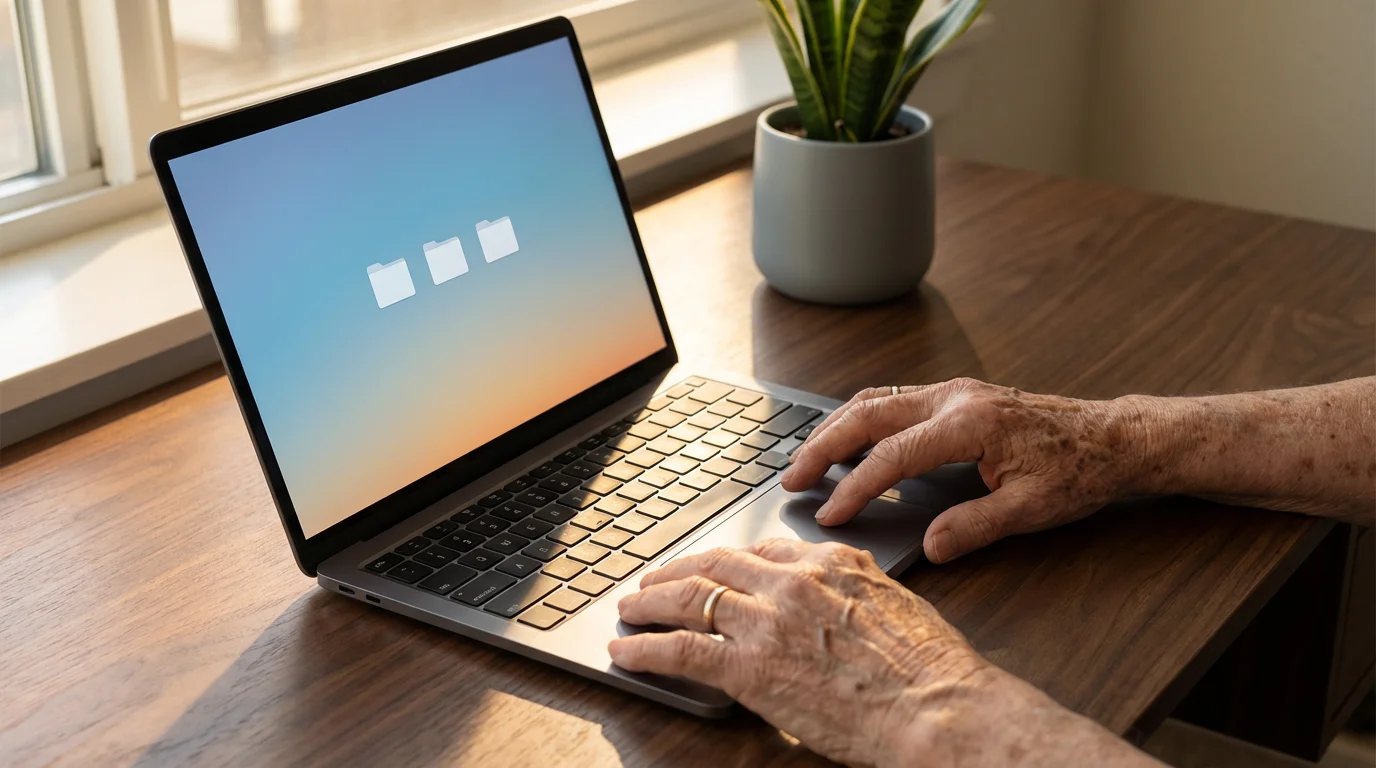 An older person's hands on a laptop on a clean desk, digitally decluttering files.