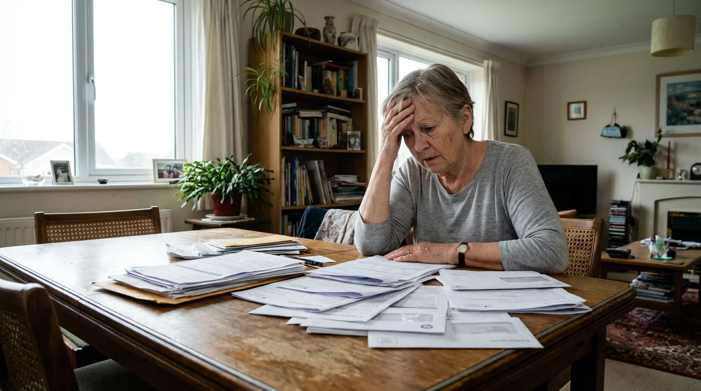 An older woman at a table covered in complex financial papers, looking thoughtful and concerned.