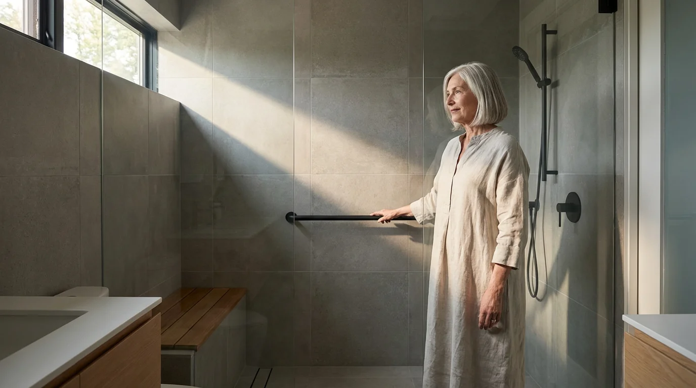 An older woman in a modern, accessible bathroom with a walk-in shower.