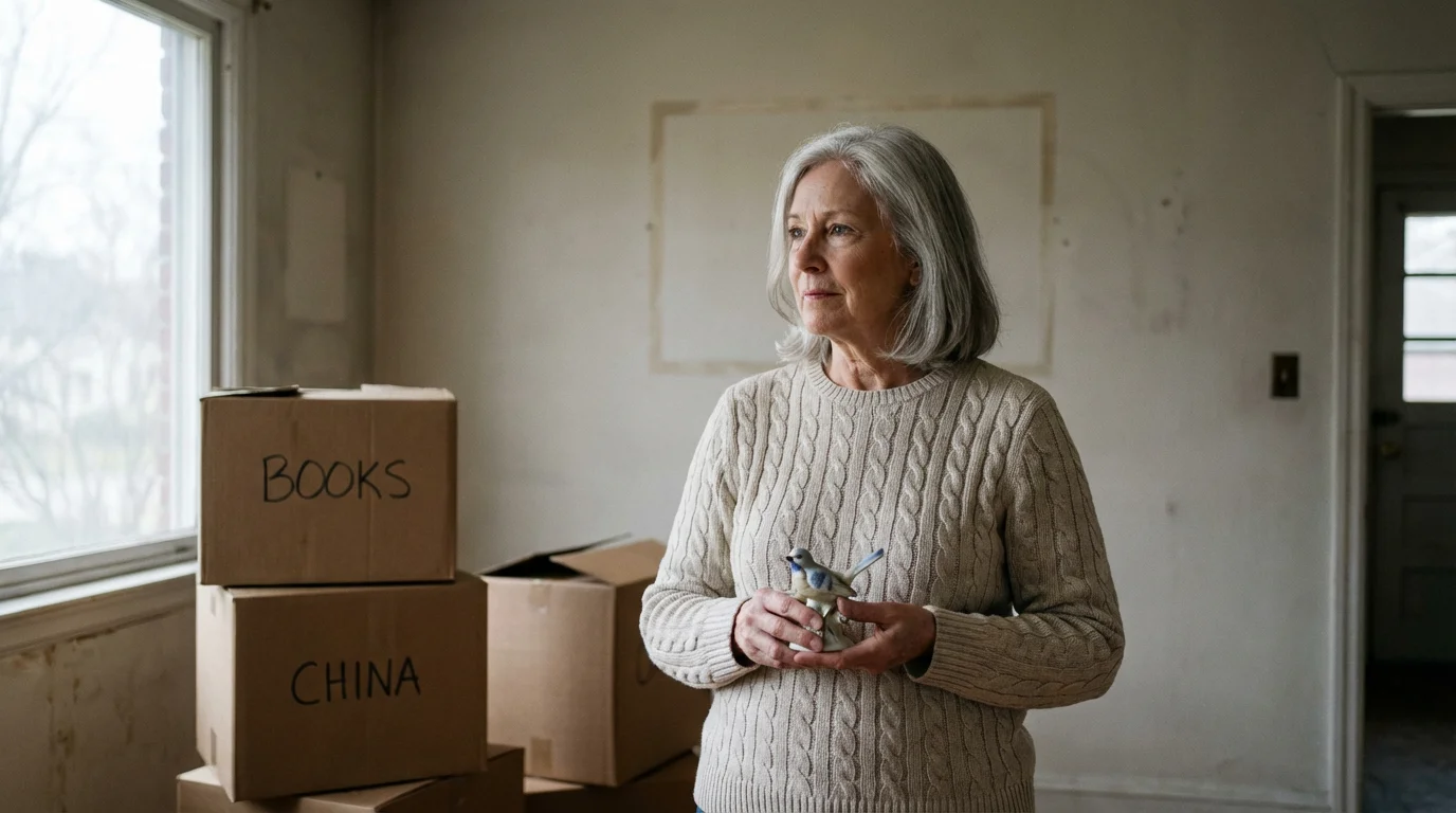 An older woman reflects while holding a small object in a partially packed room.