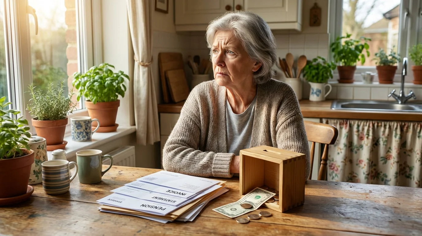 An older woman sits at her kitchen table looking worriedly at financial papers.