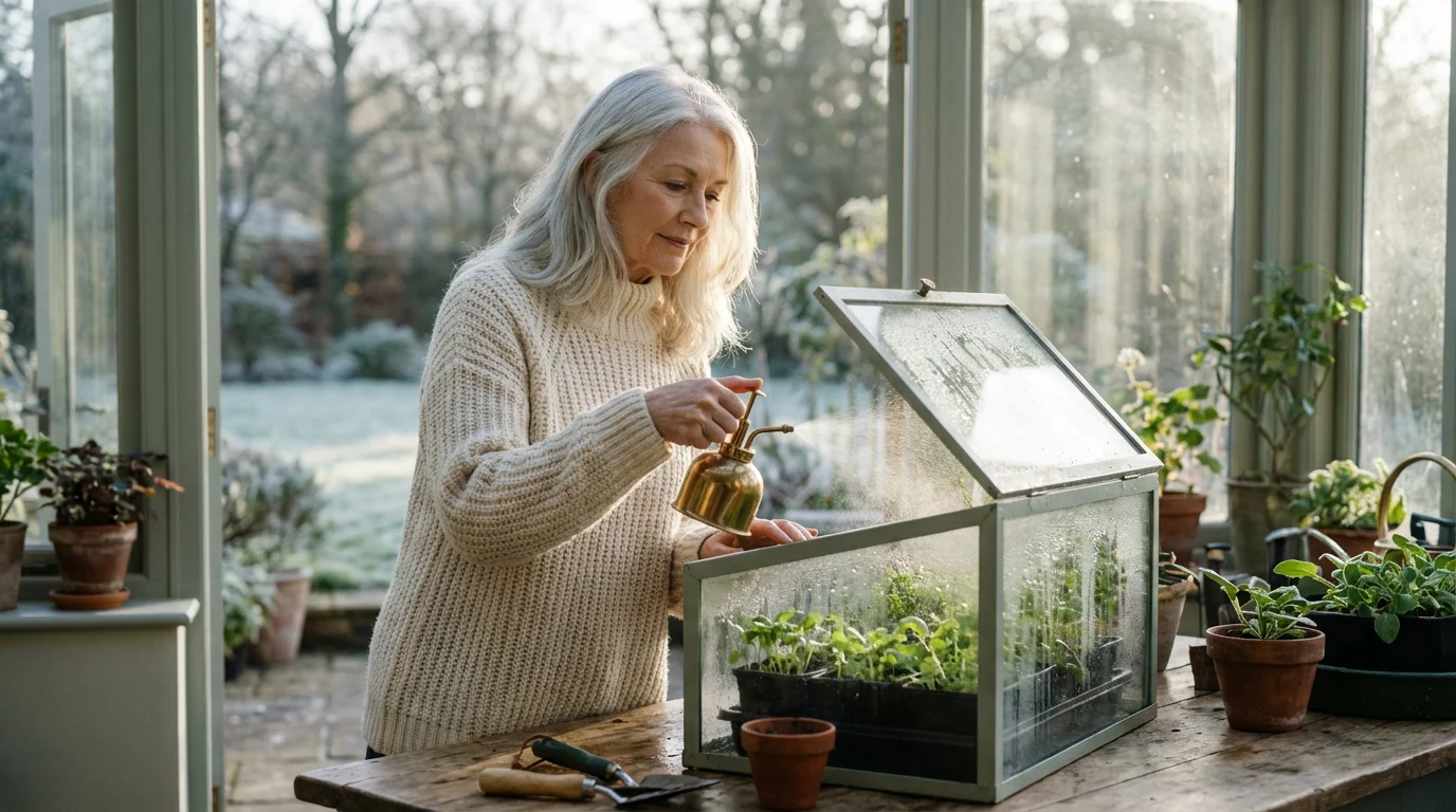 An older woman smiling while tending to herb seedlings in a small indoor cold frame.