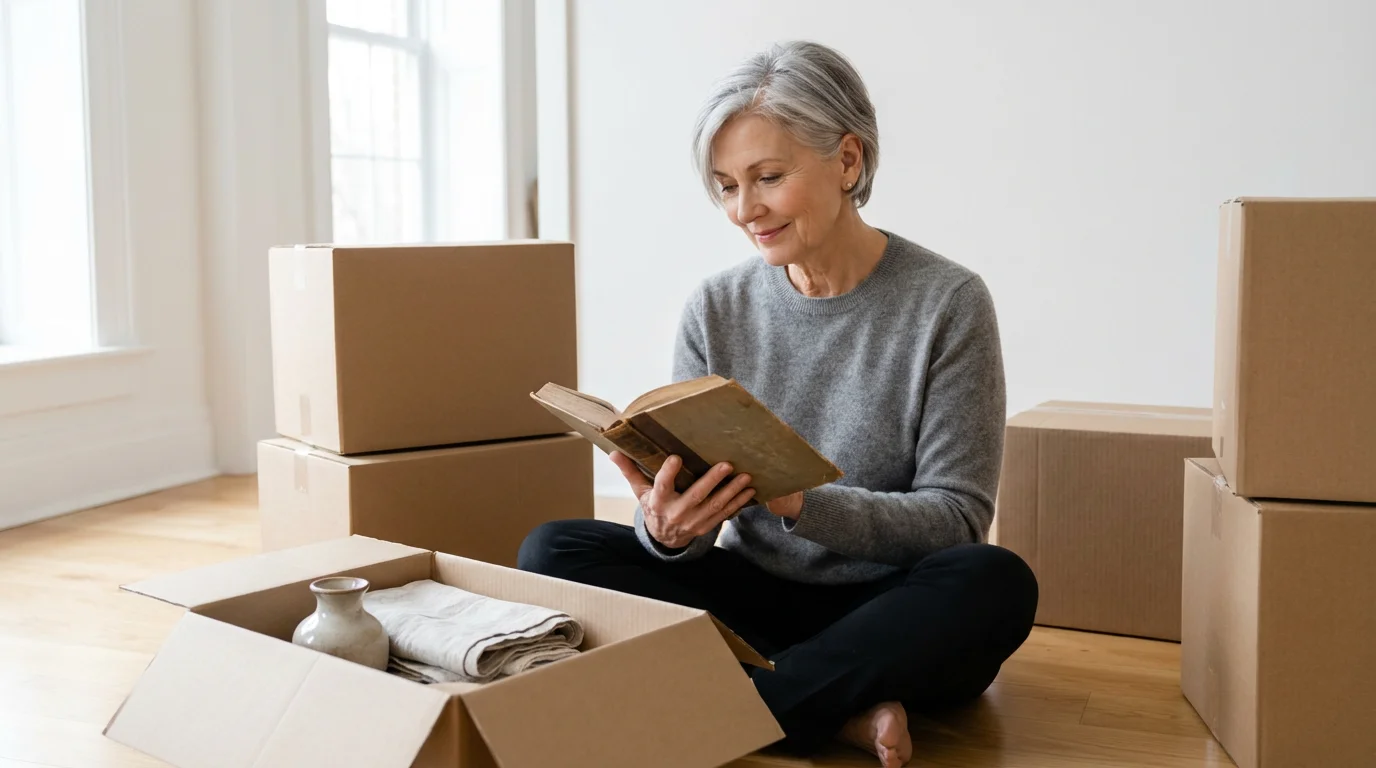 An older woman thoughtfully sorting books and household items into cardboard boxes for downsizing.